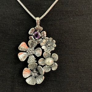SILVER .925 AMETHYST PEARL GENUINE FLOWERS 🌸 NECKLACE STAMPED ITALY 🇮🇹 18”🤩